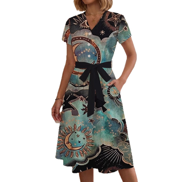 Women's Blooming Midi Dress with Adjustable Belt and Artistic Print Lune London