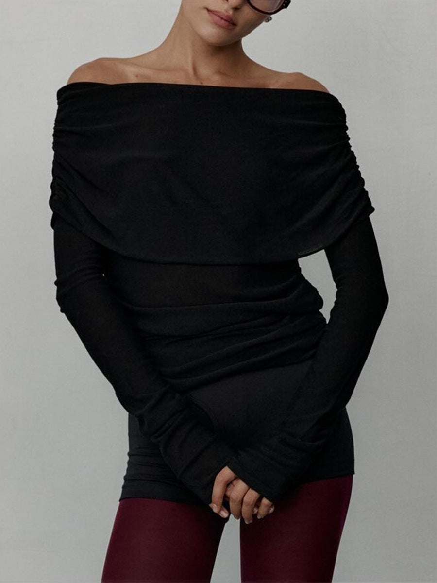 Ladies Elegant deep neckline top with smooth texture and flared sleeves Lune London