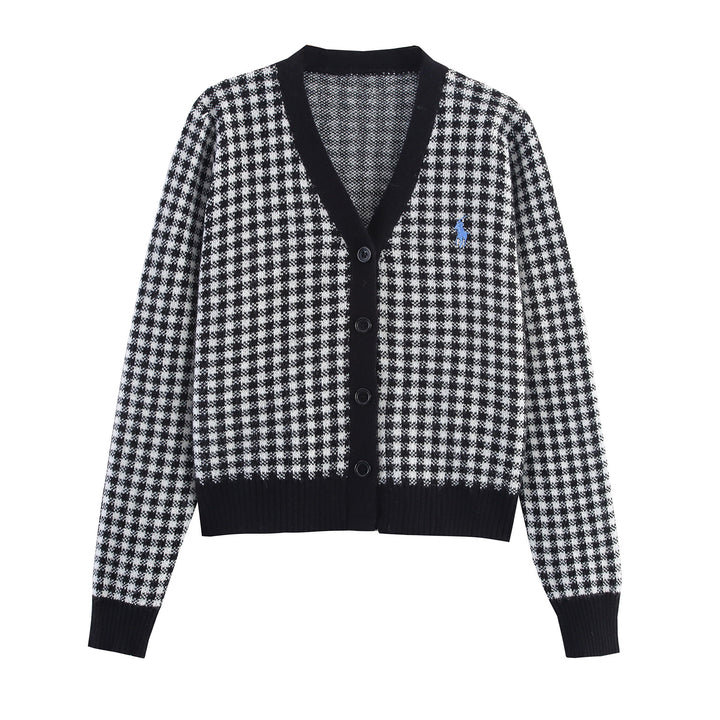 Women's knitted jacket with plaid pattern and button details Lune London