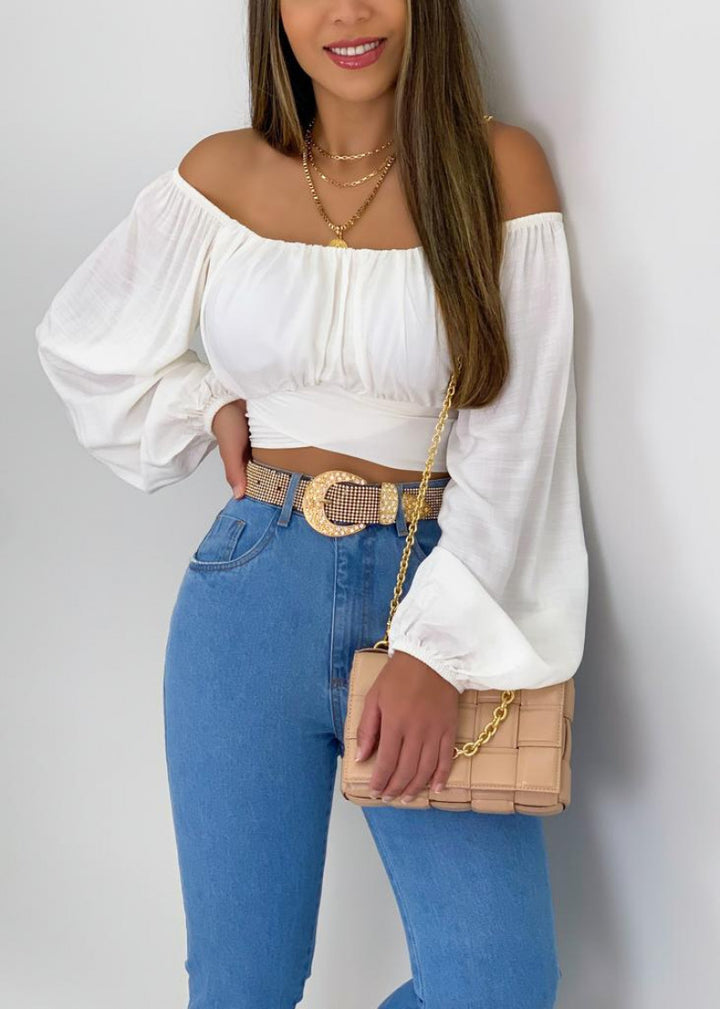 Ladies Off-Shoulder Bell Sleeve Crop Top Lune London