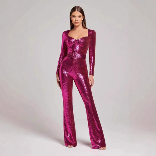 Ladies Glamorous Sequin Jumpsuit with Chic Waistline Lune London