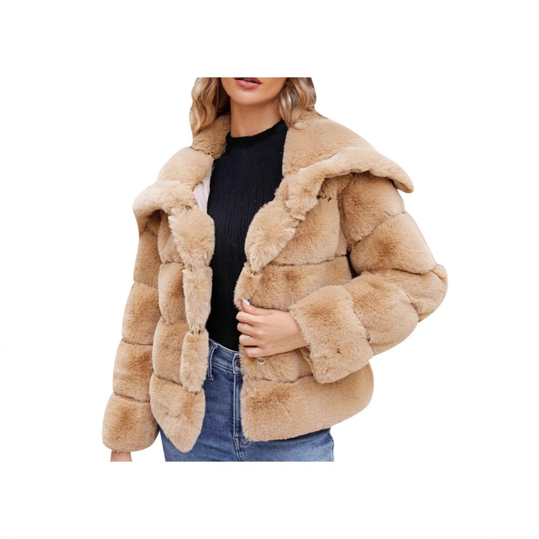 Ladies Hooded Faux Fur Fashion Jacket with Textured Design Lune London