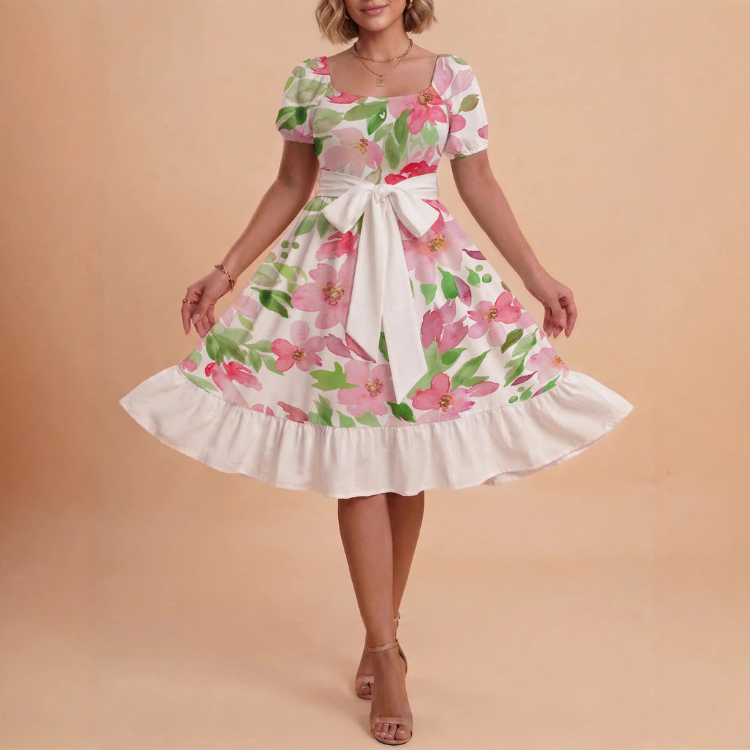 Women A-line dress with floral motifs and adjustable belt Lune London