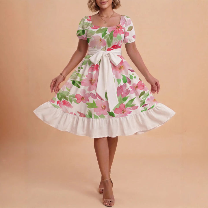 Women A-line dress with floral motifs and adjustable belt Lune London