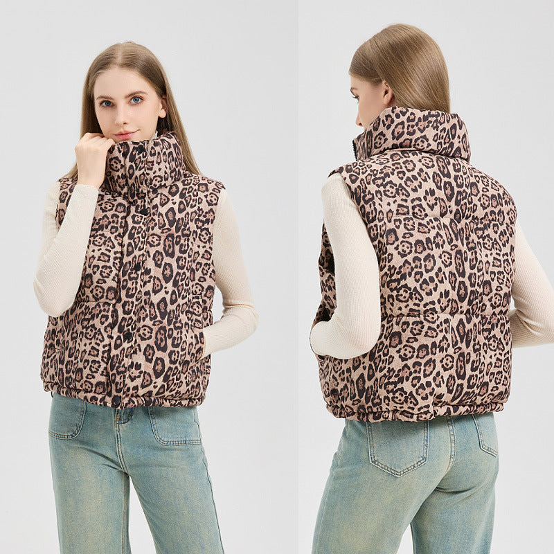 Lady Padded Gilet with Leopard Print and High Collar Lune London