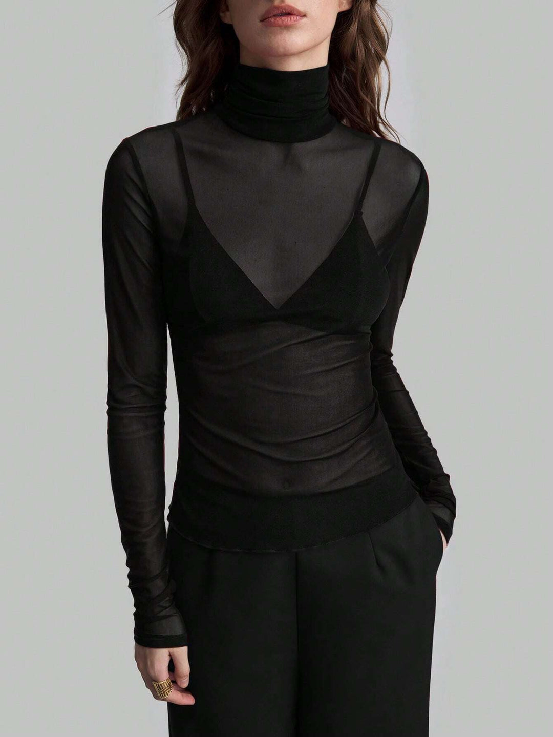 Women's Transparent Turtleneck Blouse with Shaping Cut Lune London