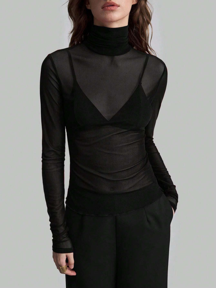 Women's Transparent Turtleneck Blouse with Shaping Cut Lune London