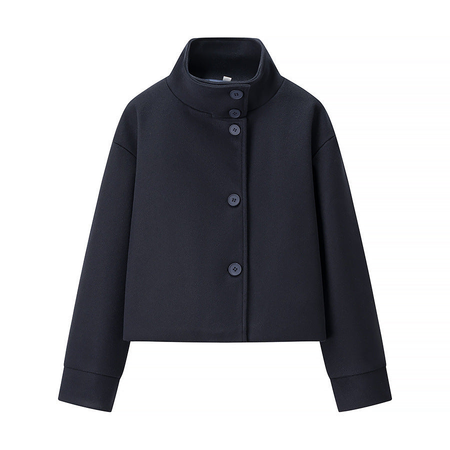Elegant women's short jacket with high collar and simple button details Lune London