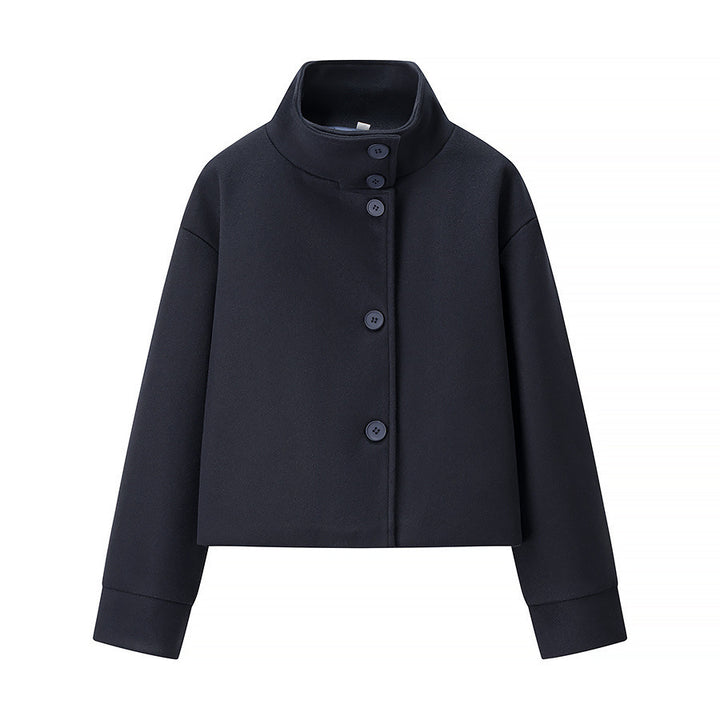 Elegant women's short jacket with high collar and simple button details Lune London