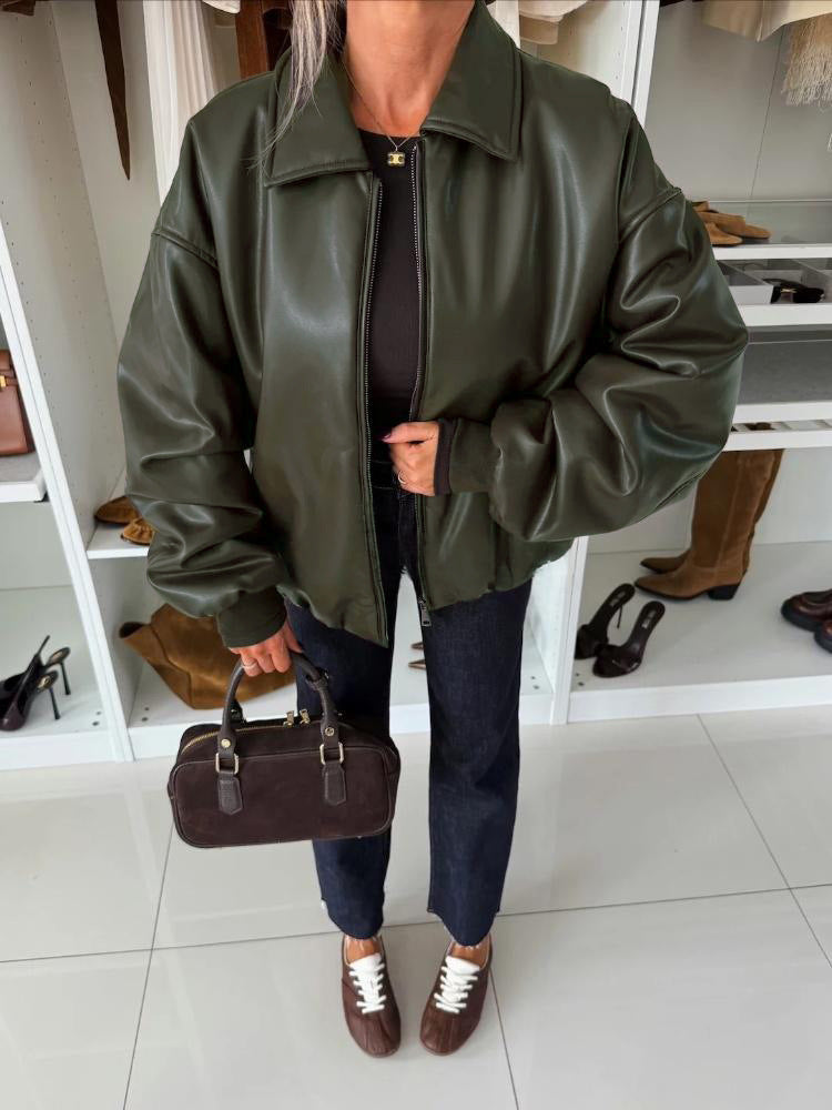 Veste en cuir surdimensionnée pour femmes avec col profond et fermeture éclair Chic & Stil