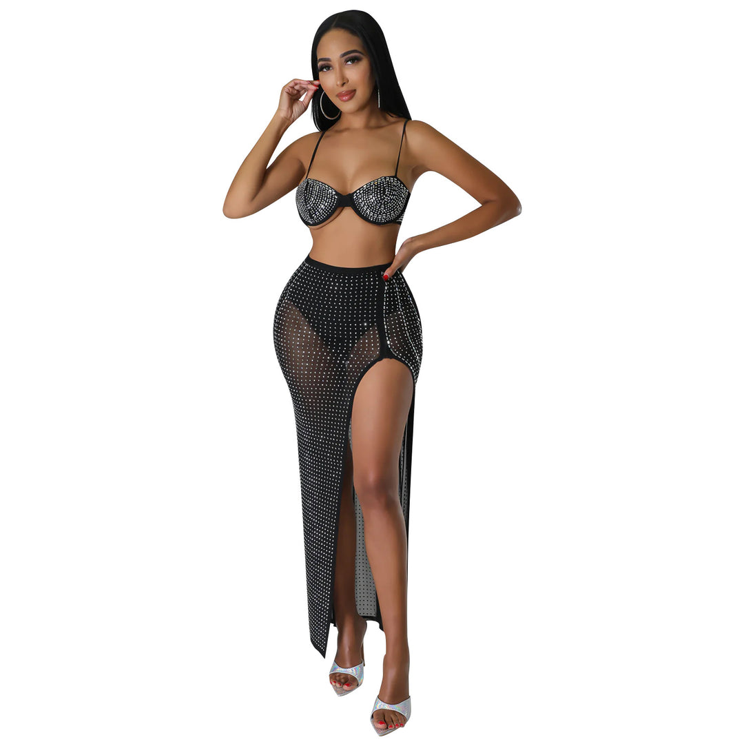 Maxi skirt for ladies with high slit and rhinestone embellishments Lune London