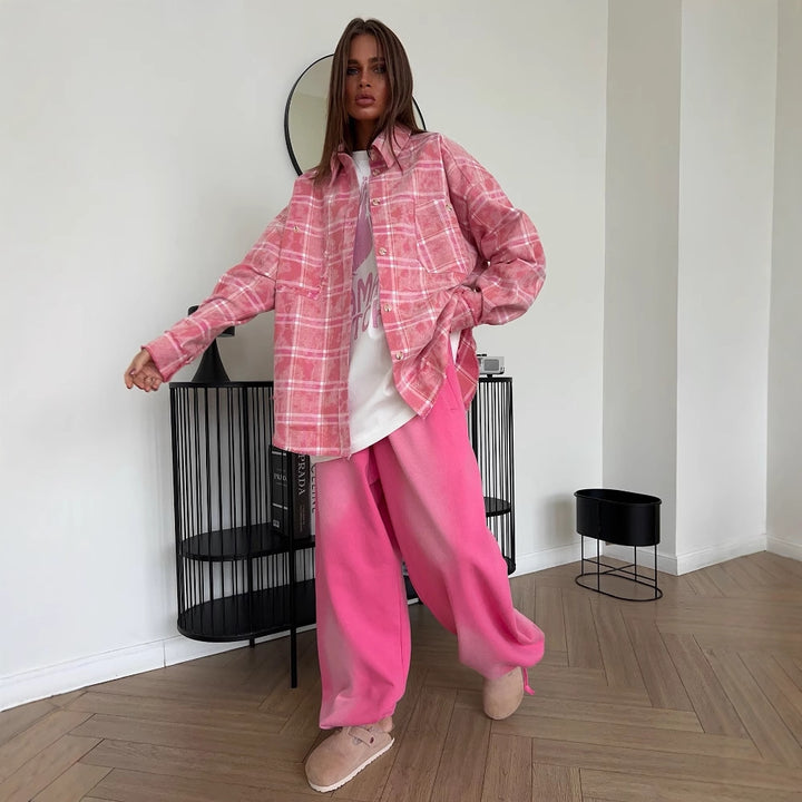 Oversized shirt for women with a casual checkered design and fringes Lune London