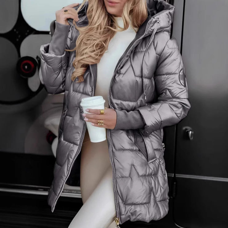 Ladies long quilted jacket with hood and practical pockets Lune London