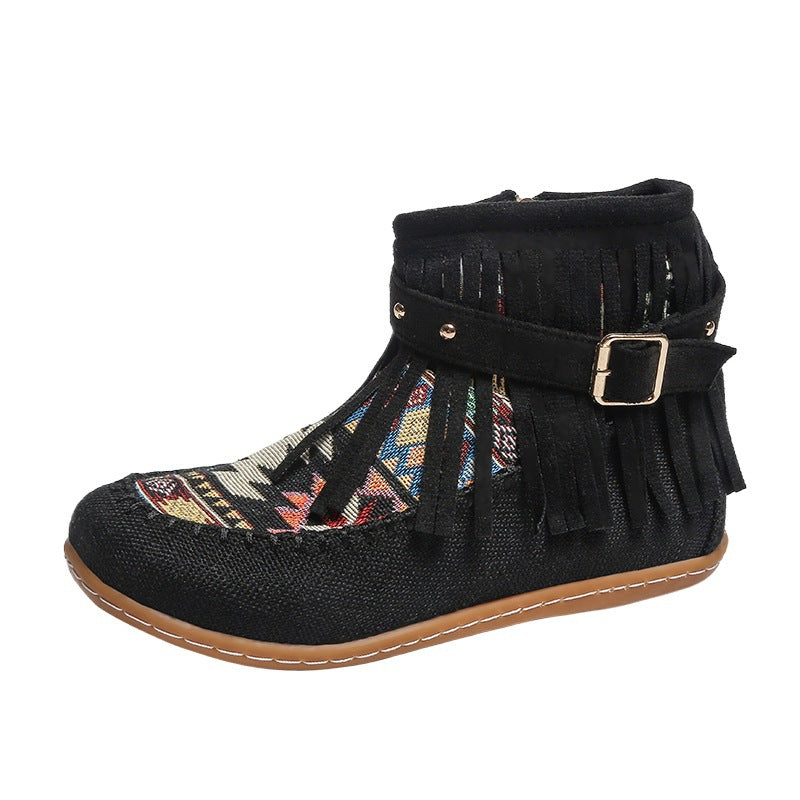 Short fringe boots for women made of high-quality fabric with a colorful ethnic pattern Lune London
