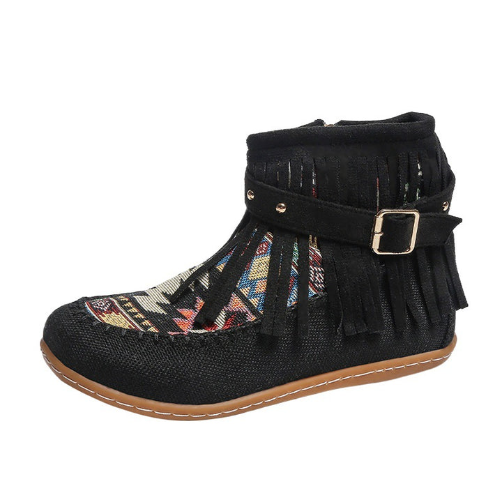 Short fringe boots for women made of high-quality fabric with a colorful ethnic pattern Lune London