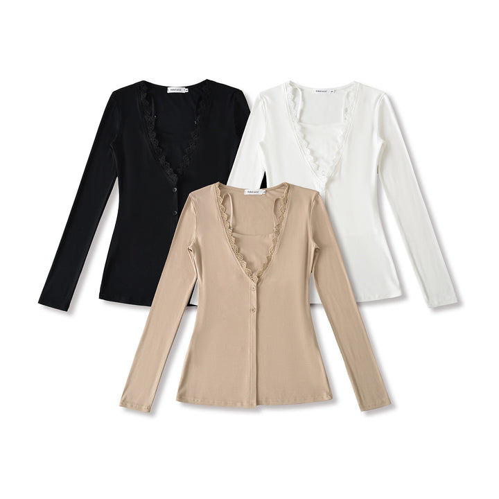 Women Long Sleeve Top with Elegant Lace Collar Lune London