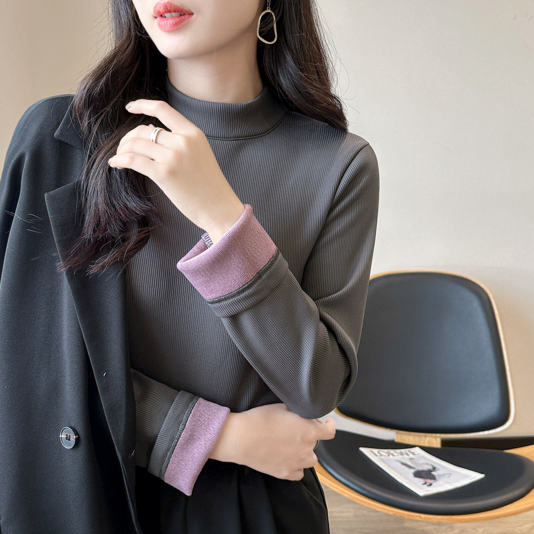 Women's Long Sleeve Cropped Top with High Collar and Ribbed Texture Chic & Stil