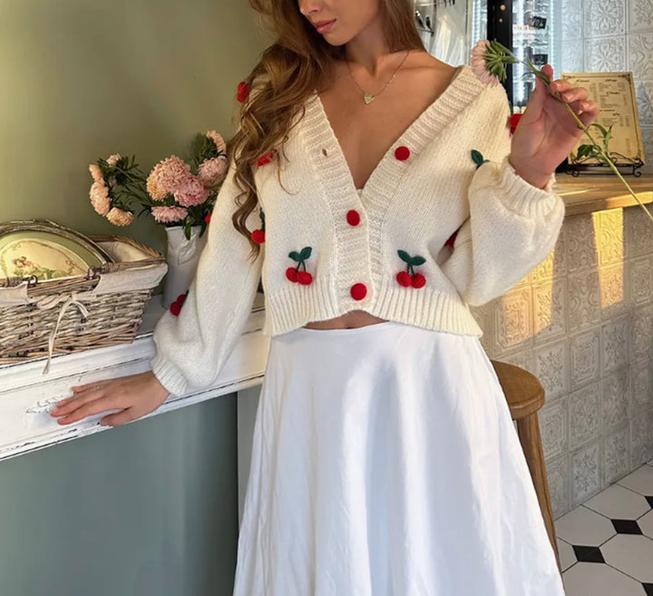 Lady cardigan with embroidered floral design and ribbed edge Lune London