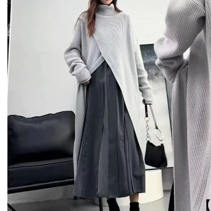 Knit coat for women with high collar and asymmetric cut Lune London
