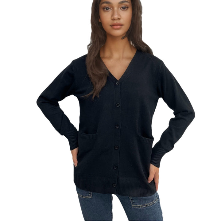 Knitted cardigan for ladies with button details and deep pockets Lune London