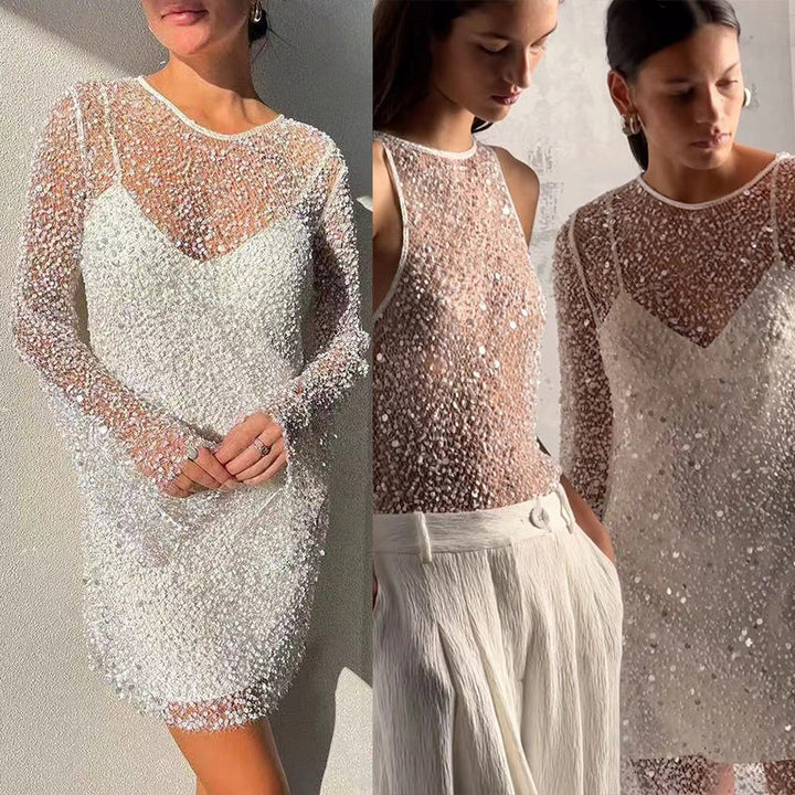 Women Glittering Cocktail Dress with Shimmering Sequins and Long Sleeves Lune London