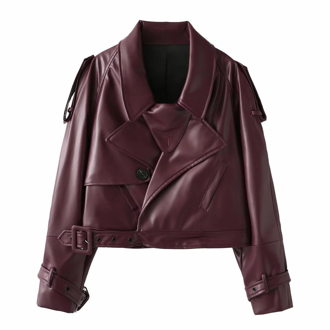 Cool cropped faux leather jacket for women with asymmetric collar and trendy design Lune London