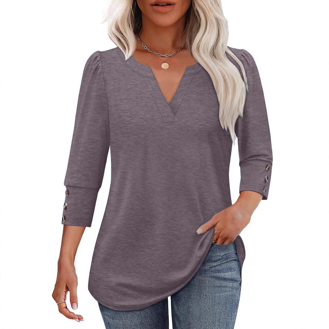 V-neck blouse for women with decorative button details Lune London