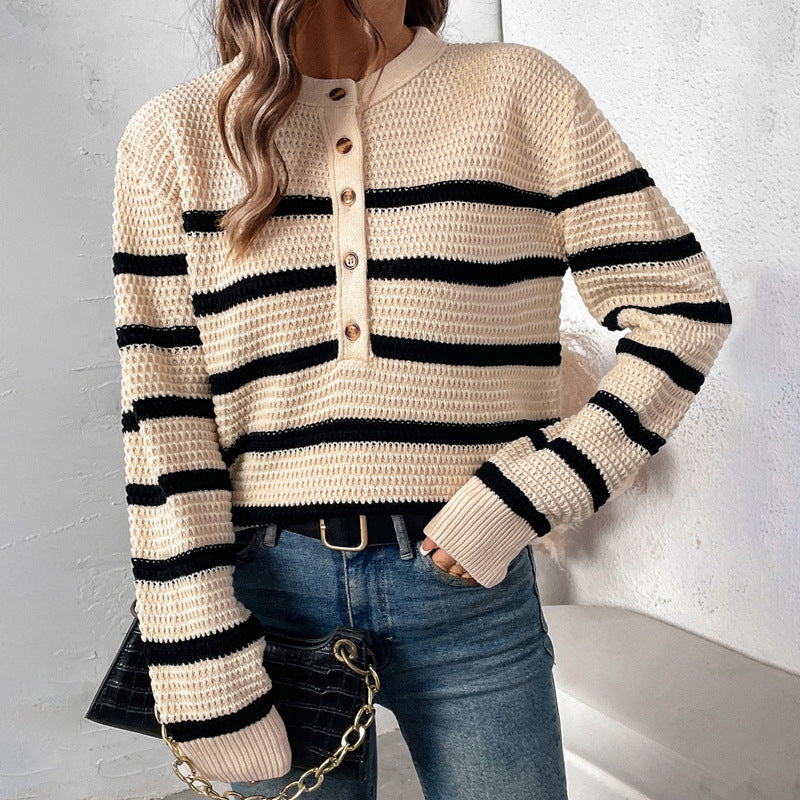 Striped women's sweater with button placket in textured wool Lune London