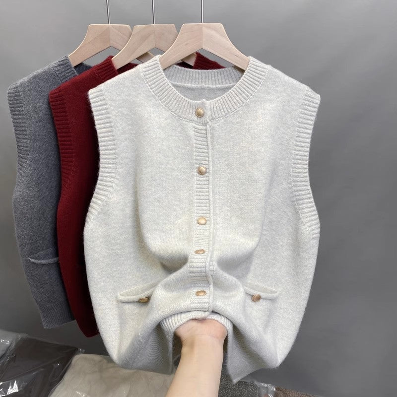 Knitted vest for women with button details and side pockets Lune London