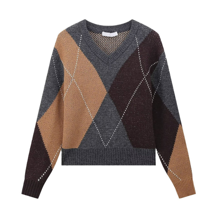 Trendy women's V-neck sweater with graphic pattern Lune London