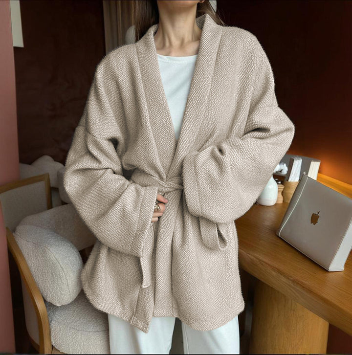 Ladies Cozy Cardigan with Wide Sleeves and Tie Belt Lune London
