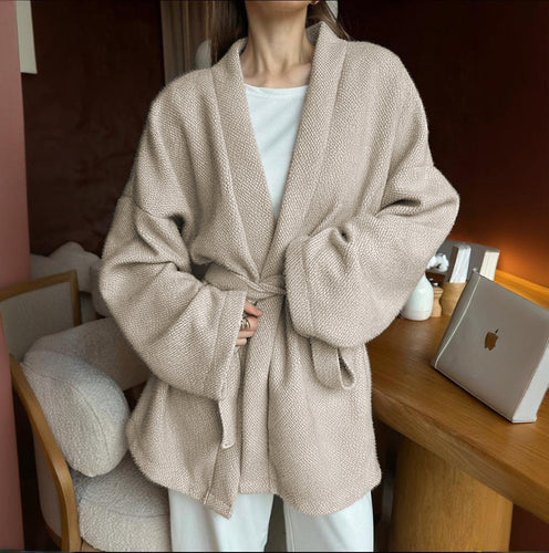 Ladies Cozy Cardigan with Wide Sleeves and Tie Belt Lune London