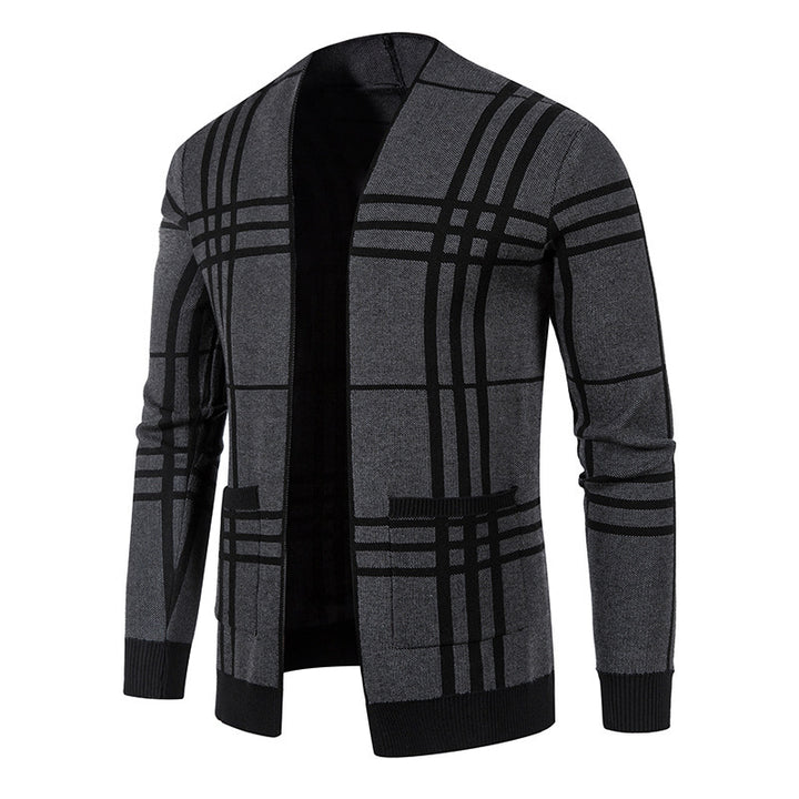 Modern knitted jacket for men with a modern check pattern and practical pockets Lune London