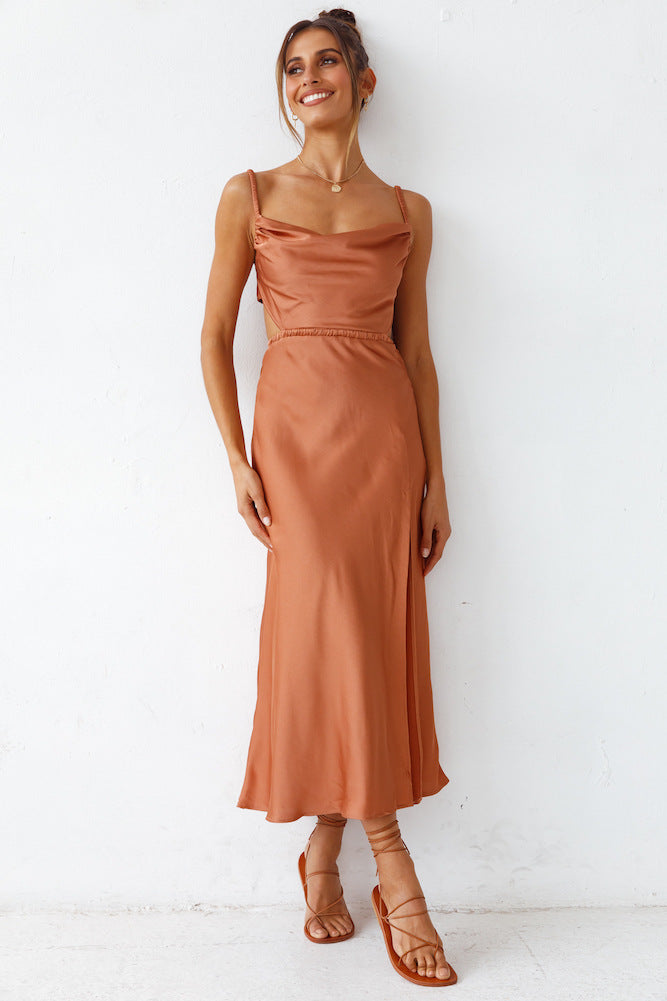 Ladies Satin Maxi Dress with Elegant Wrap Design and Refined Ruffles