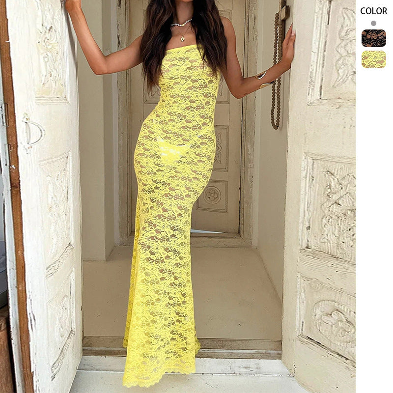 Elegant lace maxi dress for women with strapless design and fitted cut Chic & Stil
