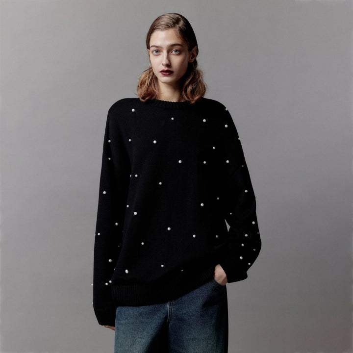 Chunky knit sweater for women with pearl neckline Lune London