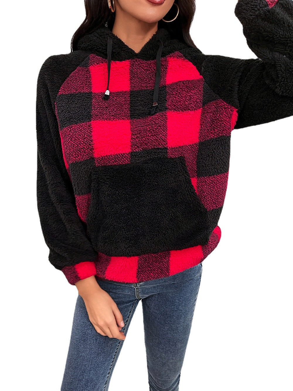 Women's cozy fleece hoodie with modern plaid pattern Lune London