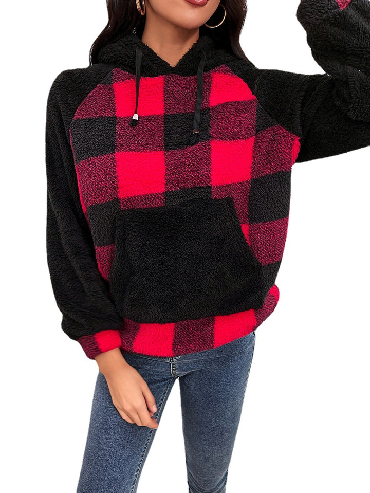 Women's cozy fleece hoodie with modern plaid pattern Lune London