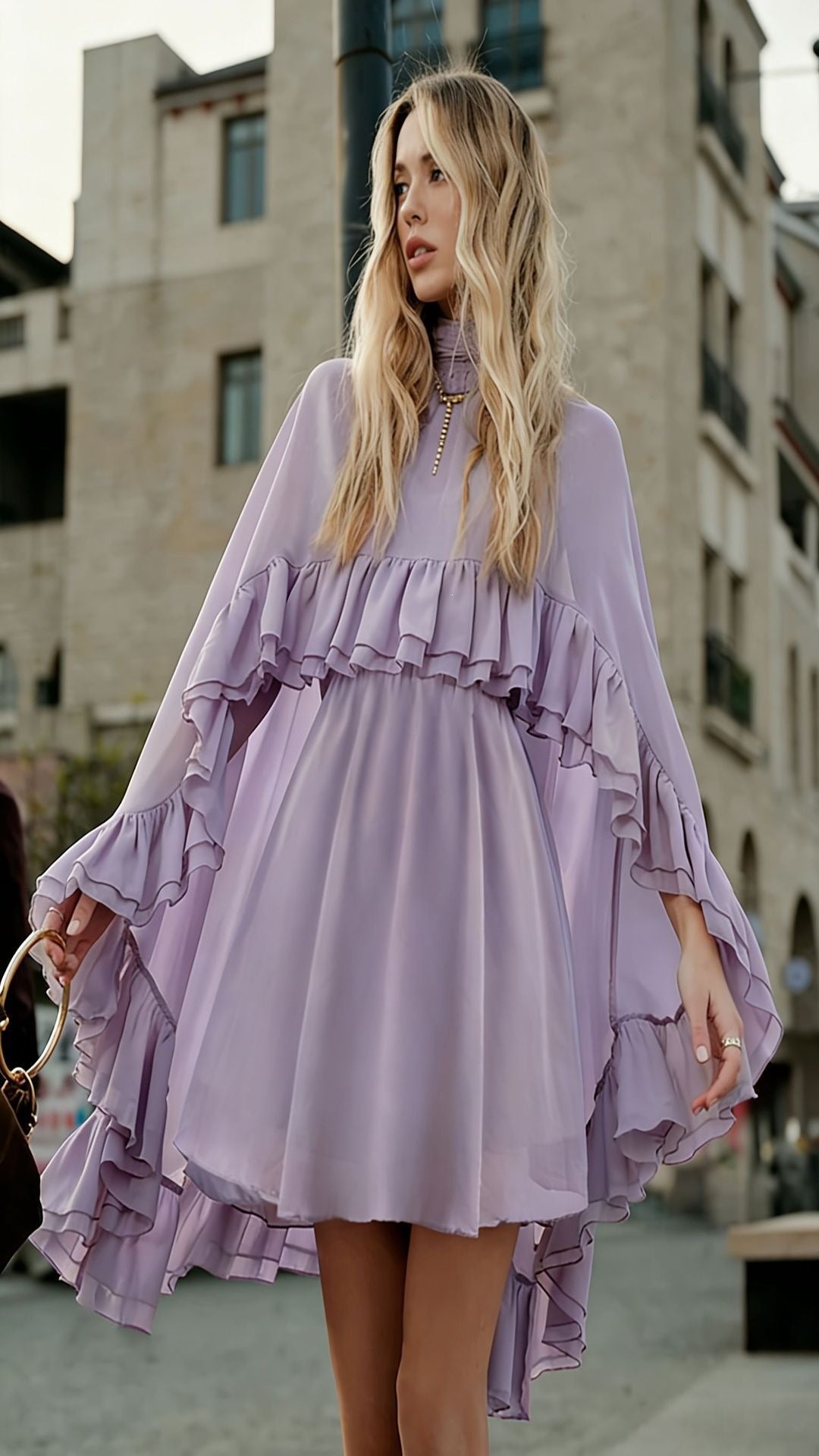 Women Elegant Ruffle Dress with High Neckline and Flowing Cut Lune London