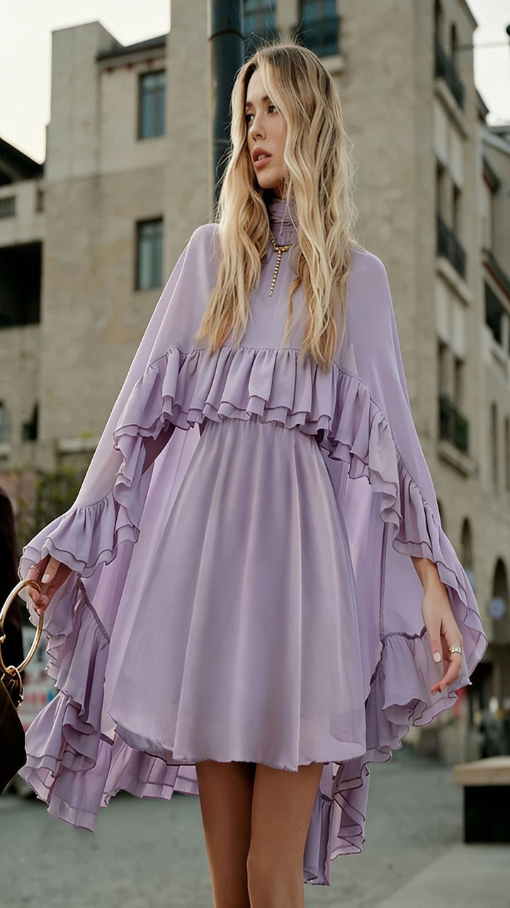 Women Elegant Ruffle Dress with High Neckline and Flowing Cut Lune London