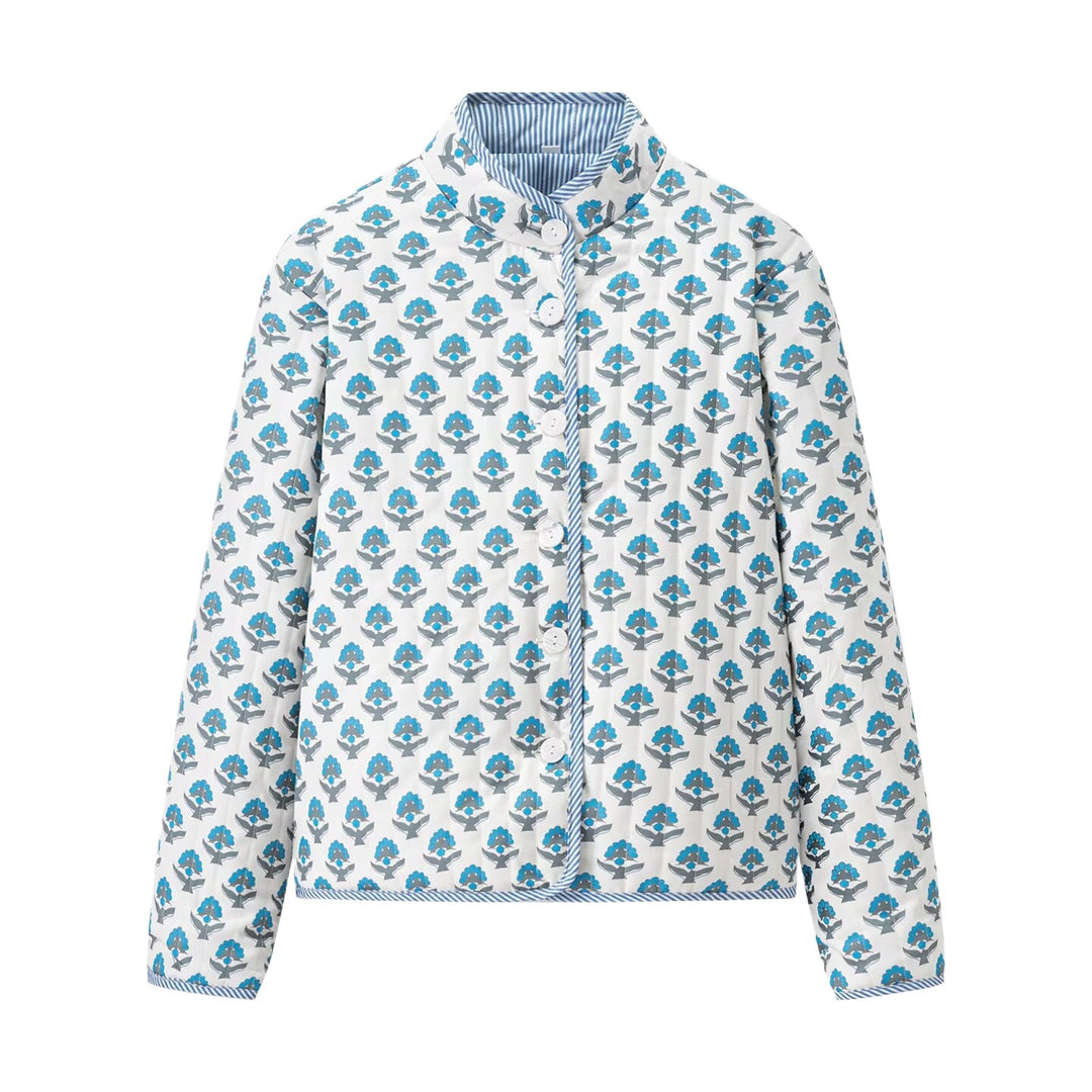 Trendy bomber jacket for women with floral pattern and practical button details Lune London
