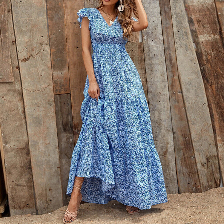 Maxi dress for women with delicate ruffled details and a deeper V-neck Lune London