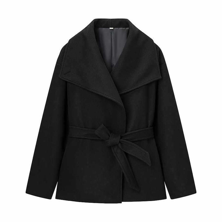 Women elegant wool coat with wide lapels and belt at the waist Lune London