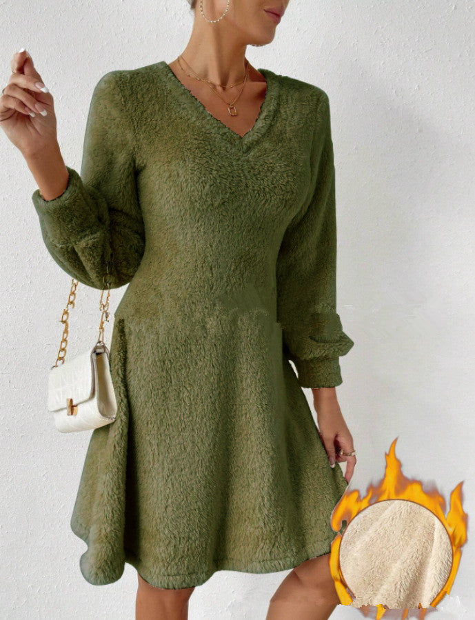 V-neck plush dress for women with long sleeves and flared hem Lune London
