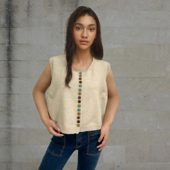 Ladies sleeveless knit vest with decorative buttons Lune London