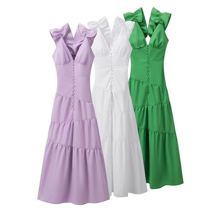 Maxi dress for women with a floating ruffle design and an elegant V neck Lune London