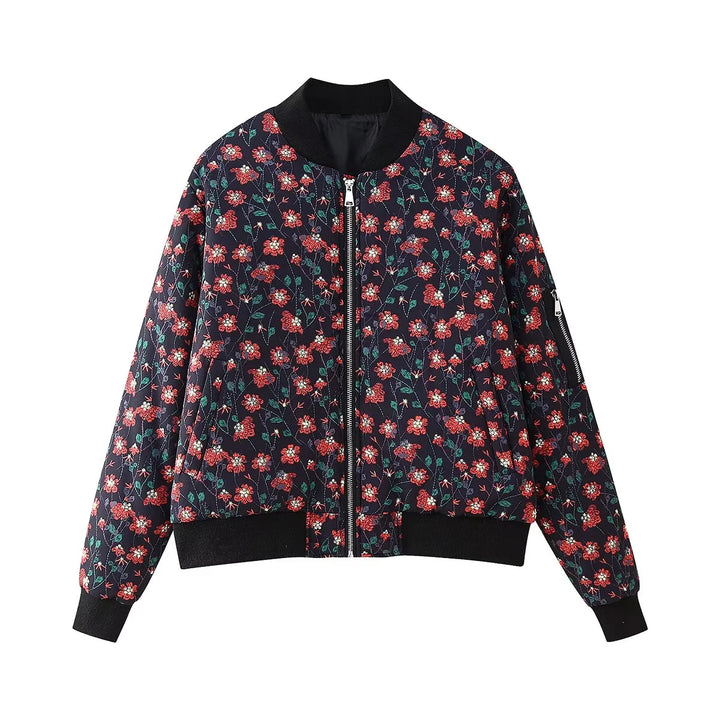 Ladies stylish bomber jacket with floral patterns and elastic cuffs Lune London