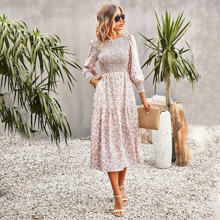 Women Floral Midi Dress with Gathered Waist and Long Sleeves Lune London