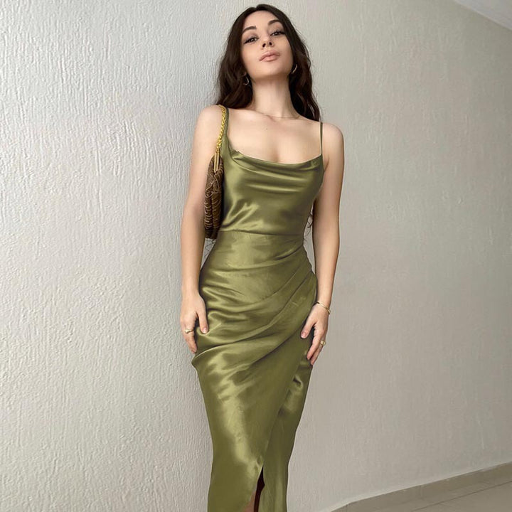 Elegant Maxi Dress for Women with Refined Draped Cut and Chic Thin Spaghetti Straps