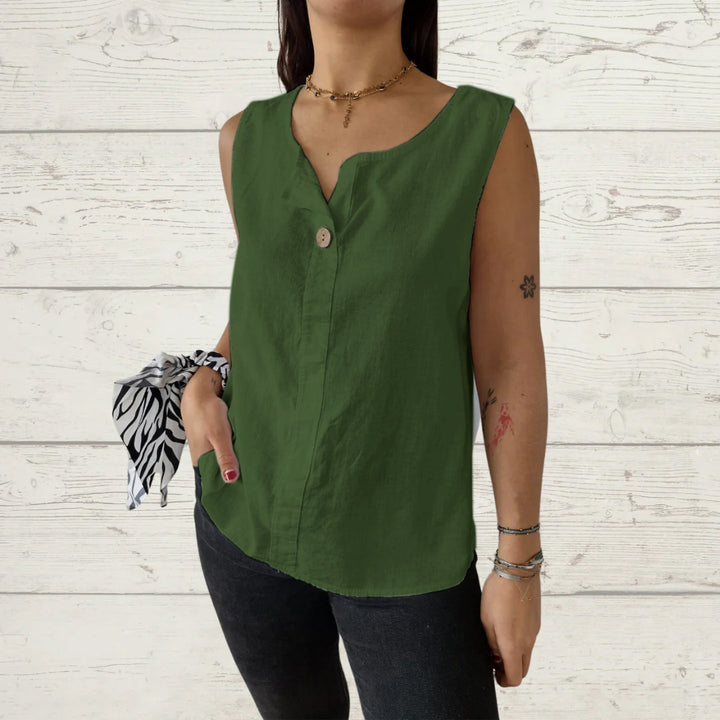 Ladies lightweight linen sleeveless blouse with button details Lune London